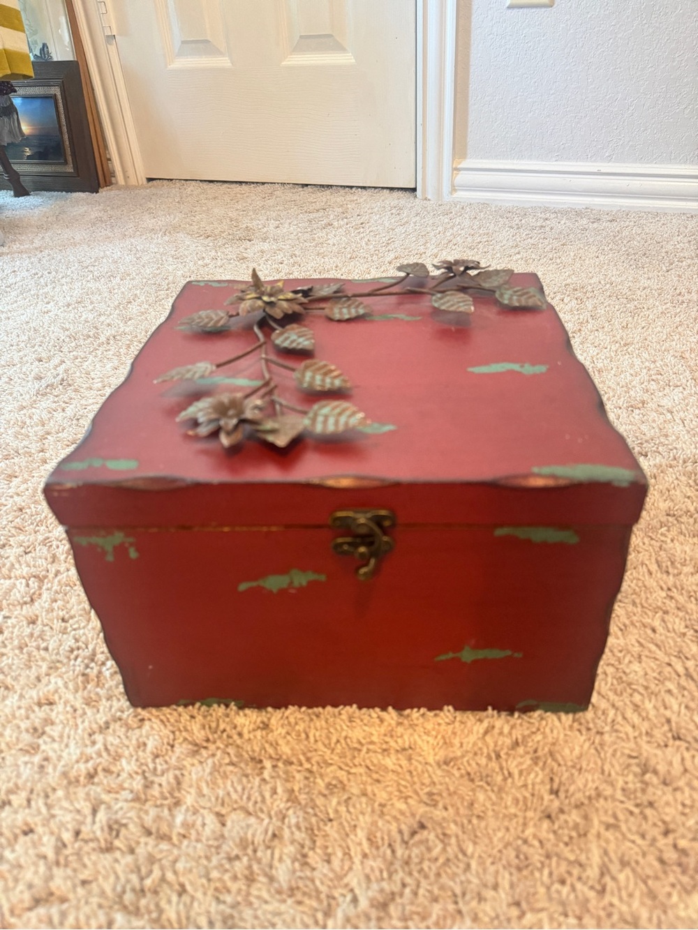 Vintage-Style Red Decorative Jewelry Box with Floral Metal Accent